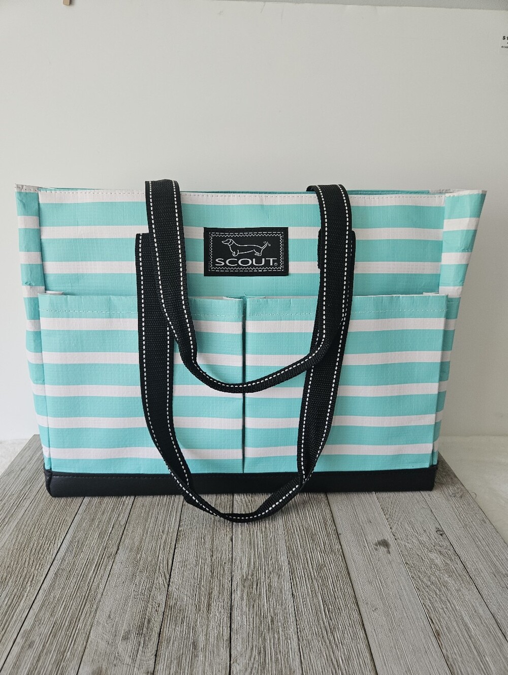 SCOUT Tote Bag Blue and White Striped Zippered Carryall Handbag with Black Trim.